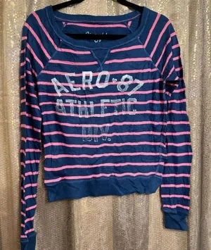 AEROPOSTALE Long Sleeve Striped Sweatshirt Crew Tee Shirt Pink Blue Small thumbnail 1