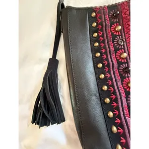 Lucky Brand Leather Crossbody Purse Black Red Embroidered Boho Tassel EUC thumbnail 6