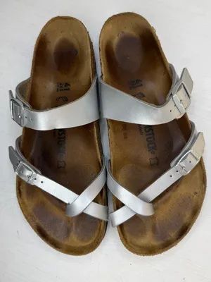 Birkenstock Mayari Metallic Silver Slide German Cork Footbed Sz 10-10.5 thumbnail 2