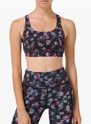 Lululemon Energy Bra Sz 4 Floral Strappy Medium Support Purple Black Women thumbnail 1