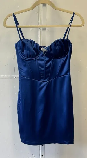NWT Hello Molly Blue Satin Corset Mini Dress Pleated Bust Bodycon Size XS US 2 thumbnail 1
