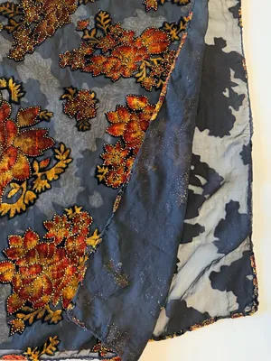 Velvet burnout floral shawl black and orange, sparkle details outline, 66"x21.5" thumbnail 8