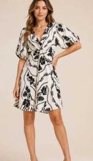 White Floral Linen-Blend Puff Sleeve Dress thumbnail 1