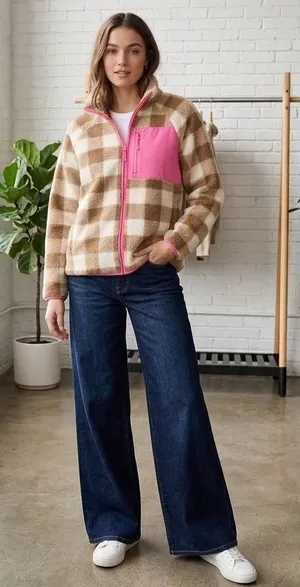 J.Crew Tan & White Check Plaid Fleece Zip Up Jacket Size M thumbnail 1