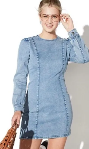Vylette Danish Darling Long Puff Sleeve Denim Mini Dress Blue Womens Small NWT thumbnail 1