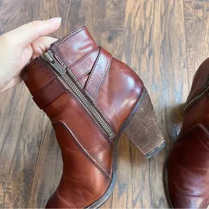 Frye • Patty Riding Bootie brown leather Redwood ankle boot heeled strap buckle thumbnail 11