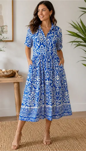 Entro Shirt Dress Women Size S Blue White Ikat Print Midi Side Pockets thumbnail 1
