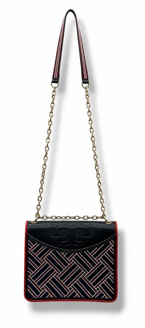 Tory Burch Alexa Convertible Shoulder Bag Navy Red Embroidered‎ Leather Chain thumbnail 1