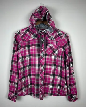 Carhartt Flannel Shirt Womens Small‎ Pink Plaid Hooded Pearl Snap Rugged Shacket thumbnail 1