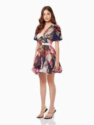 Elliatt Grandstand Chiffon V Neck Boho Flare Summer Mini Dress Navy Floral Multi thumbnail 3