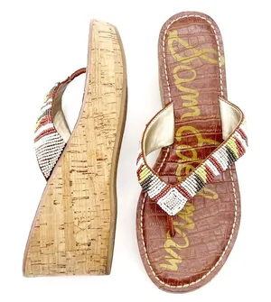 Sam Edelman Rosa Nude Ginger Beaded Thong Cork Wedge Sandal Flip Flop Size 8.5 thumbnail 1