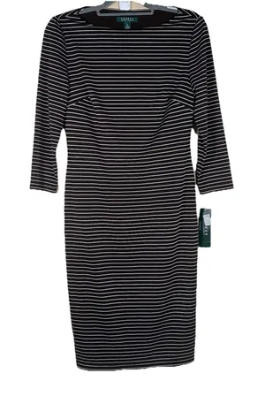 LAUREN RALPH LAUREN Boatneck Long Sleeve Brown Cream Stripe Dress‎ Sz 6 NWT $189 thumbnail 1
