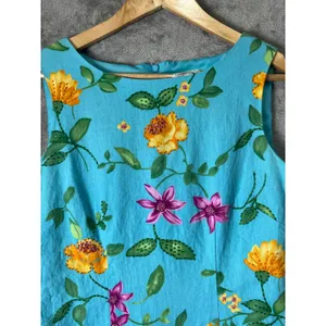 Vintage Linen Floral Sheath Dress Womens Size 8‎ Blue Sleeveless Garden Cottage thumbnail 2