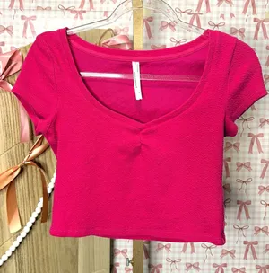 Anthropologie Hot Pink Ruched Scoop Neck Baby Tee Women’s Small BarbieCore Small thumbnail 1