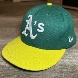 New Era Oakland Athletics A's Fitted 59Fifty Sz 7 3/8 MLB Green Yellow On Field thumbnail 1