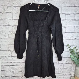 Free People Emmaline Mini Sweater Dress Black XS Cable Knit Balloon Sleeve Fall thumbnail 4