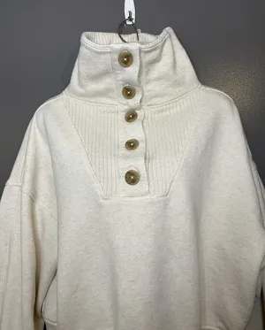 Aerie Sweatshirt Womens Medium White Button High Neck Fleece Pullover Relaxed thumbnail 1
