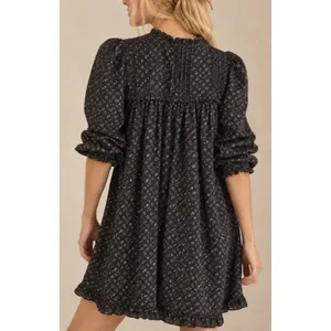 DOEN Knoll Parc Monceau Ditzy Floral Pintuck Puff Sleeve Mini Dress Black S thumbnail 4