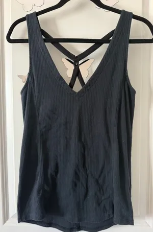 Free People Black Ribbed V-Neck Tank with Crisscross Back Straps thumbnail 1
