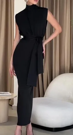 Commense Solid Slit Belted Mock Neck Midi Dress Black Size M NWT Sold Out thumbnail 1