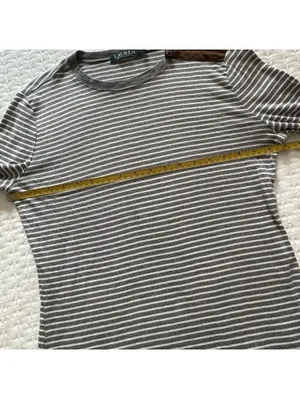 Lauren Ralph Lauren Large L Gray White Striped Long Sleeve T Shirt Brown Patches thumbnail 2