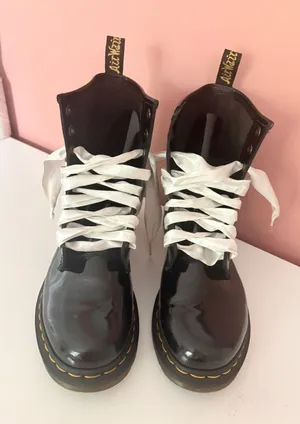 Dr. Martens Black Patent Leather Lace-Up Boots with White Laces thumbnail 1