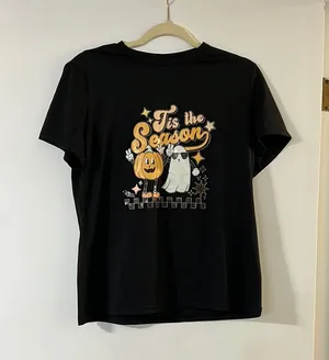 Festive Black Halloween Tee with Ghost and Pumpkin Size L thumbnail 1