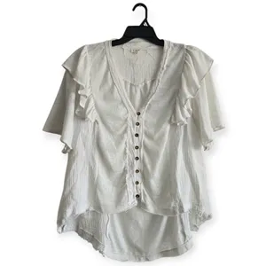 POL Droptail 100% Cotton White Ruffled Distressed Oversized Women's Top Size L‎ thumbnail 2