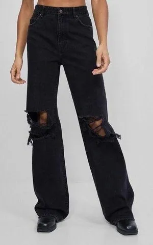 Bershka Ripped High Rise Waisted Wide Leg 90’s Jean Denim Pants thumbnail 1