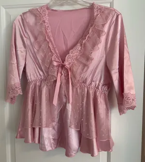 Cute chic satin lace trim short sleeve top thumbnail 2