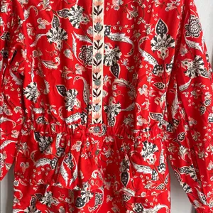 Farm Rio Anthropologie Long-Sleeve Printed Romper Red thumbnail 8