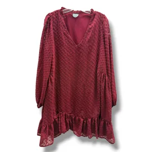 Arula Burgundy Swiss Dot Mini Dress Women L Wine V-Neck Balloon Sleeve Ruffle thumbnail 3