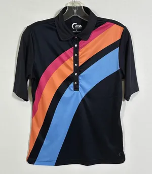 Zyia Active Womens Black Rainbow Stripe Snap Polo Shirt Short Sleeve Small thumbnail 1