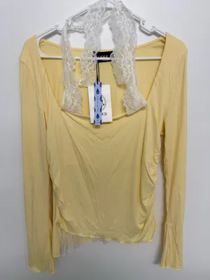 Cider Pale Yellow Long Sleeve Lace-Trim Crop Top thumbnail 5