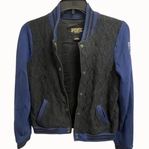 Victorias Secret PINK Womens Lace Bomber Jacket M Blue‎ & Black thumbnail 1