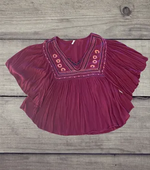 Flowy Maroon Hippie Top Embroidered Top Batwing Shirt Womens M Earthy thumbnail 5