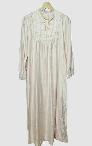 Vintage Pink Satin Long Nightgown Modest Sleepware Embroidered Pockets u Size L thumbnail 1