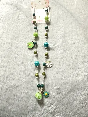 Green & Teal Beaded Flower Charm Necklace - Women Jewelry thumbnail 2