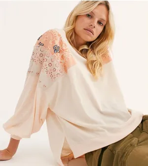 We the Free Boho Patchwork Cream Oversized Longsleeve Crewneck Size Small thumbnail 1