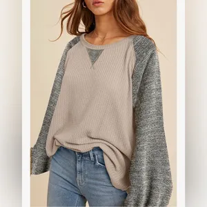 NEW Waffle Knit Tops Casual Crewneck Contrast Long Sleeve Shirt Loose Pullover M thumbnail 5