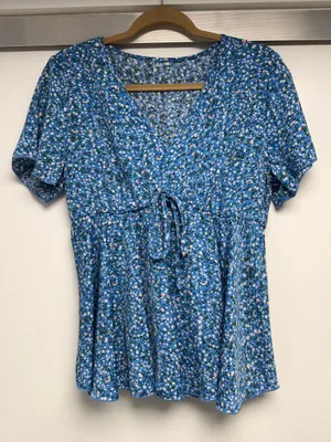 Blue Floral V-Neck Women's Top thumbnail 1