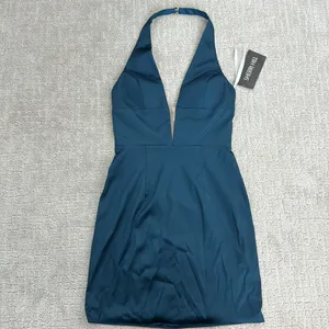 NEW NWT Sherri Hill 51420 Halter Plunge Satin mini dress hoco cocktail teal thumbnail 4