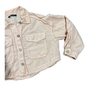 Zara Cropped Linen‎ Blend Jacket Peach Pink Frayed Raw Hem Utility sz M thumbnail 5