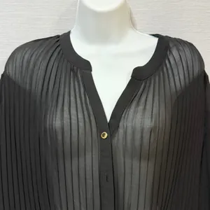 Michael Kors Black Pleated Sheer Tie Front Blouse Gold Button V-Neck Top thumbnail 4