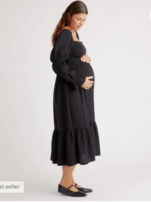 Quince 100% Organic Cotton Gauze Maternity Smocked Midi Dress Black Large thumbnail 3