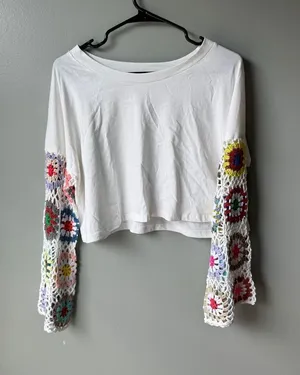 Entro Crochet Sleeve Crop Top White Boho Medium thumbnail 1