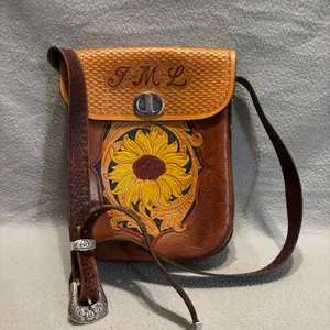 Women's Brown Hand-tooled Leather Crossbody Bag with Sunflower design monogram thumbnail 8