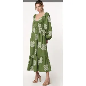 CIEBON Serbita green white Embroidered tiered peasant Dress Size Small Linen thumbnail 3