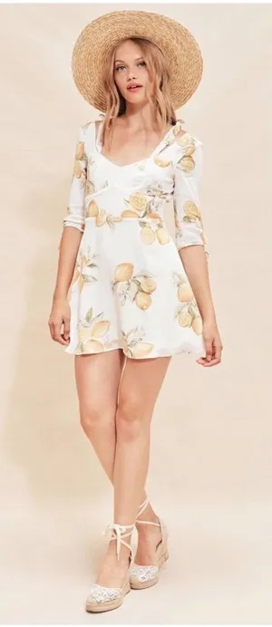 For Love & Lemon Mini Dress Women Medium White Lemon Print Cottagecore Tie Strap thumbnail 1