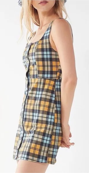 Urban Outfitters Women's Dress Sleeveless Button Down Denim Brown Plaid Size 6 thumbnail 1